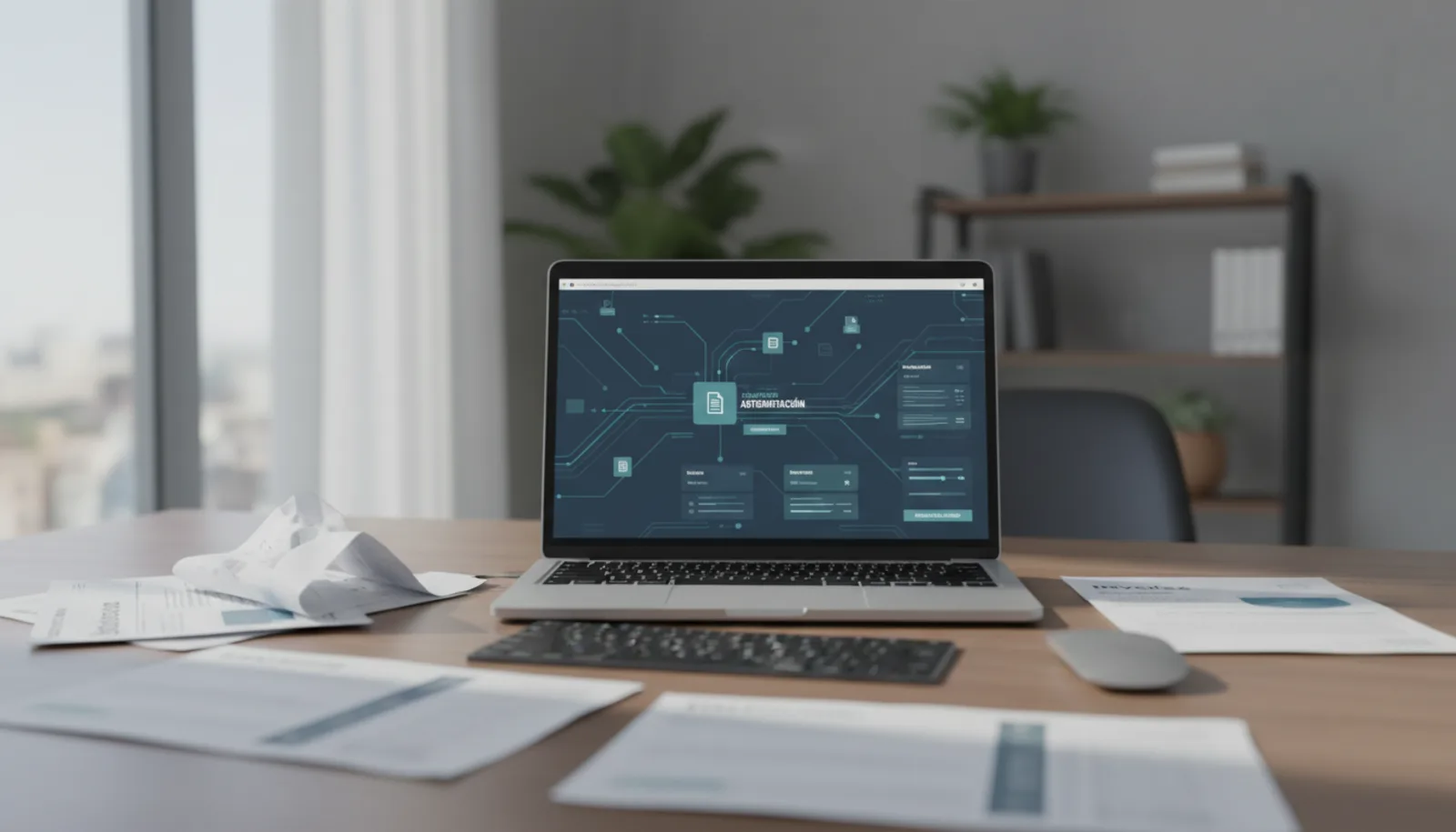 Facturas de proveedores en papel y PDF procesándose automáticamente hacia un sistema contable en pantalla