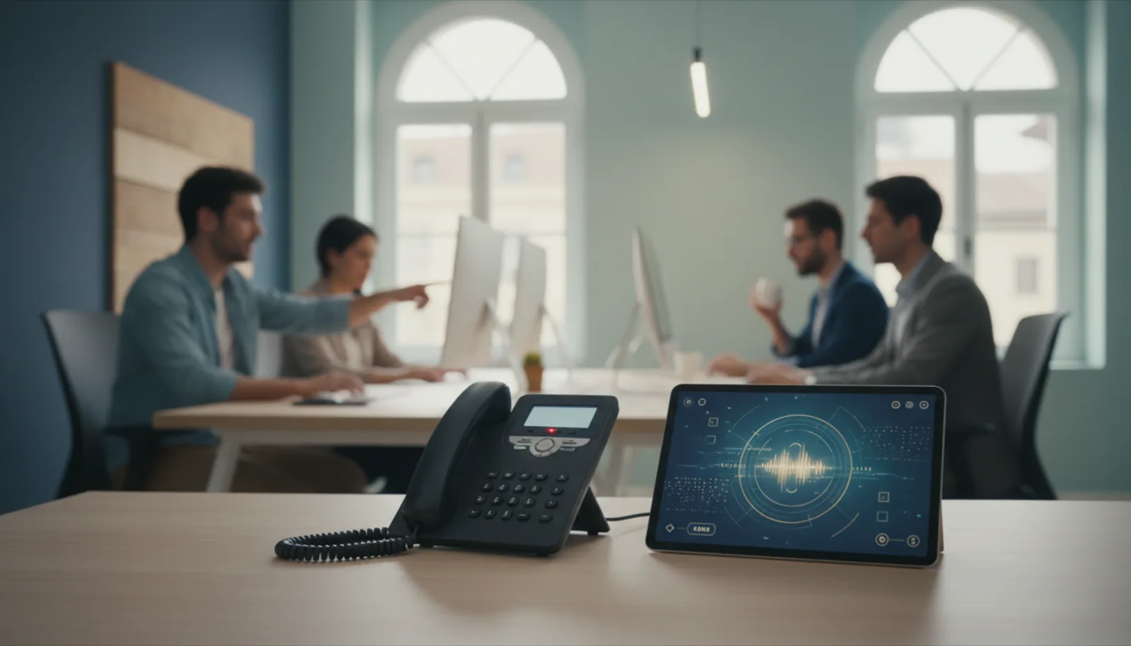 Teléfono de empresa atendido por un agente de voz con IA mientras el equipo trabaja, con transcripciones en pantalla