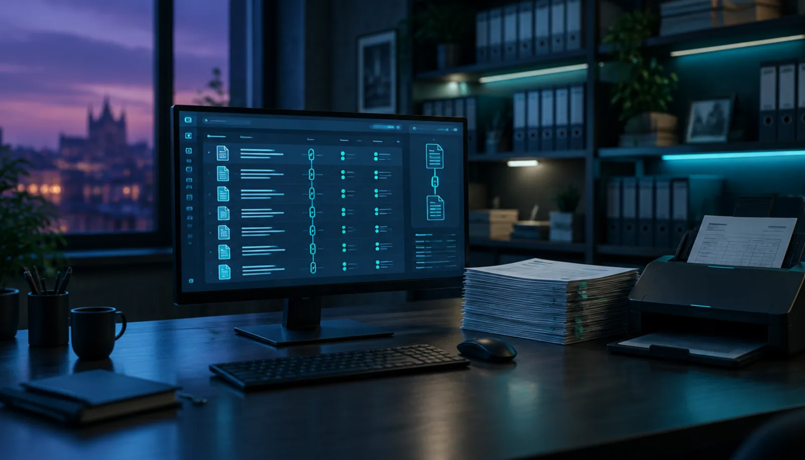 Escritorio de una gestoría con facturas digitalizadas y un sistema de facturación adaptado a Verifactu