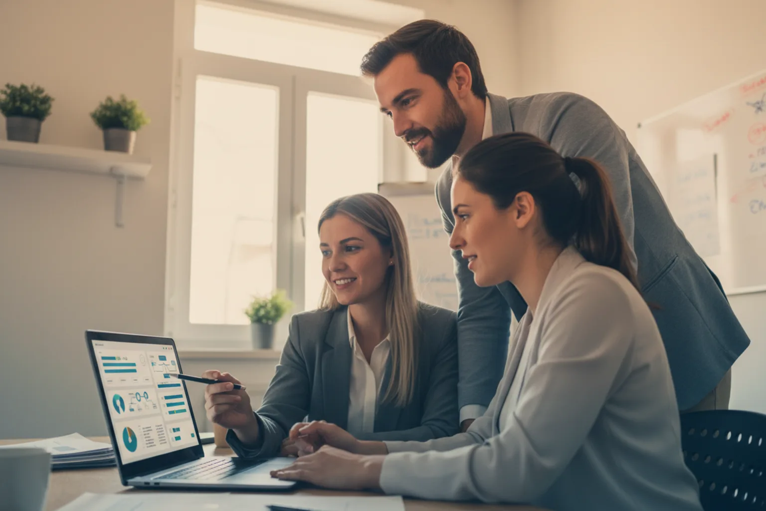 Mejor agencia de IA para pymes en España: equipo de una pequeña empresa revisando automatizaciones e IA en su oficina